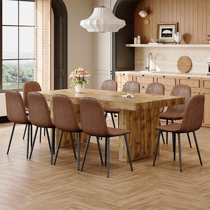 79" Dining Table Set for 10, Farmhouse Rectangular Dinner Table Set with Heavy Duty Legs，Large Dining Room Table and 10 Chairs for Kitchen, Brown