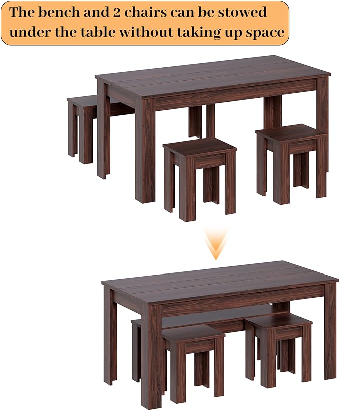 62.9" Wooden Dining Table with Bench and 2 Stools, Modern Kitchen Table and Chairs Set for 4 or 5 Person, Thickened MDF Wooden Table for Dining Room, Kitchen