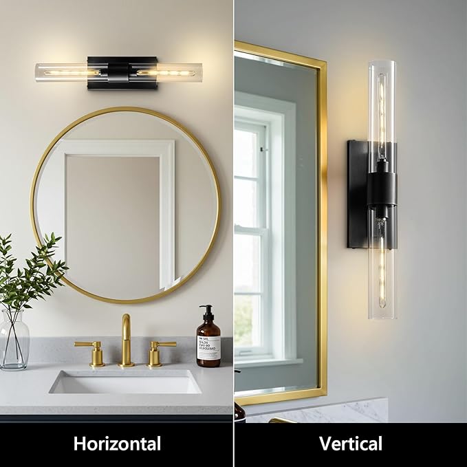 Black Bathroom Wall Sconces, 22.8" Bathroom Vanity Light with Tube Glass, Horizontal or Vertical Linear Wall Sconces,Black Vanity Light, Indoor Wall Sconce for Living Room, Bedroom, Hallway