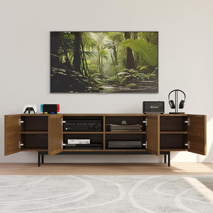 POVISON Full Assembled Mid-Century Modern TV Stand with Slatted Doors, Wood Media Console for 65-75 Inch TV, TV Console with Tall-cast Metal Legs, Entertainment Center with Storage for Living Room