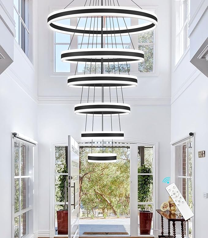 6 Rings Modern LED Chandeliers Large High Ceiling Chandelier for Foyer Black Dimmable Long Handing Lighting Fixture for Living Room Entryway Villa Staircase 3000K-6000K