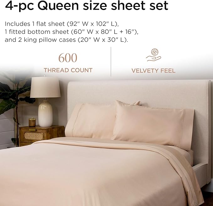 Threadmill 100% Cotton Sheets for Queen Size Bed - 600 Thread Count Queen Bed Sheets Set with 16” Deep Pocket - Sateen Weave 4-Piece Bedding Set with Cooling Effect, Beige