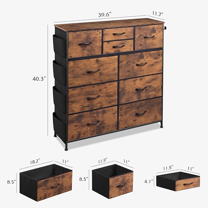 WLIVE Fabric Dresser for Bedroom with 10 Drawers, Chest of Drawers with Side Pockets and Hooks, Sturdy Metal Frame, Drawers Organizer Unit for Living Room, Hallway, Rustic Brown Wood Grain Print