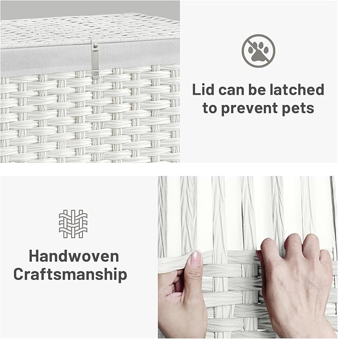 180L Wicker Storage Basket with Lid, Handwoven Rattan Large Shelf Basket with Removable Liner, 47.6 Gallon Wicker Basket for Blanket, Storage Trunk with Handle for Closet, Bedroom, Livingroom, White