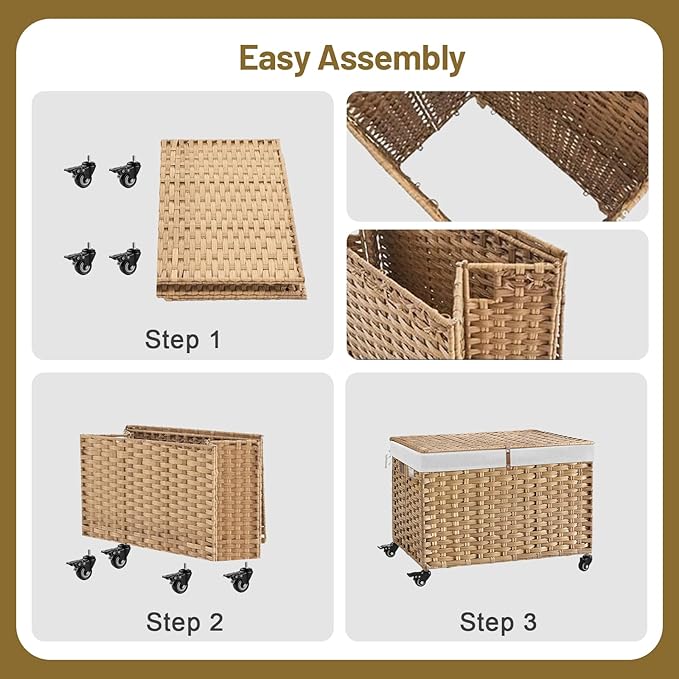 Rolling Storage Basket with Lid, 47.6 Gallon (180L) Storage Bin with Wheels, Woven Rattan Blanket Storage Basket with Handles, Foldable, Metal Frame, Removable Liner for Bedroom, Laundry Room, Natural