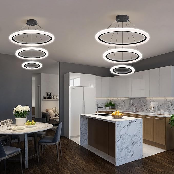 Modern LED Chandelier 3 Ring Chandelier for Dining Room Living Room Pendant Lighting High Ceiling Hanging Light Fixture for Bedroom Foyer Black