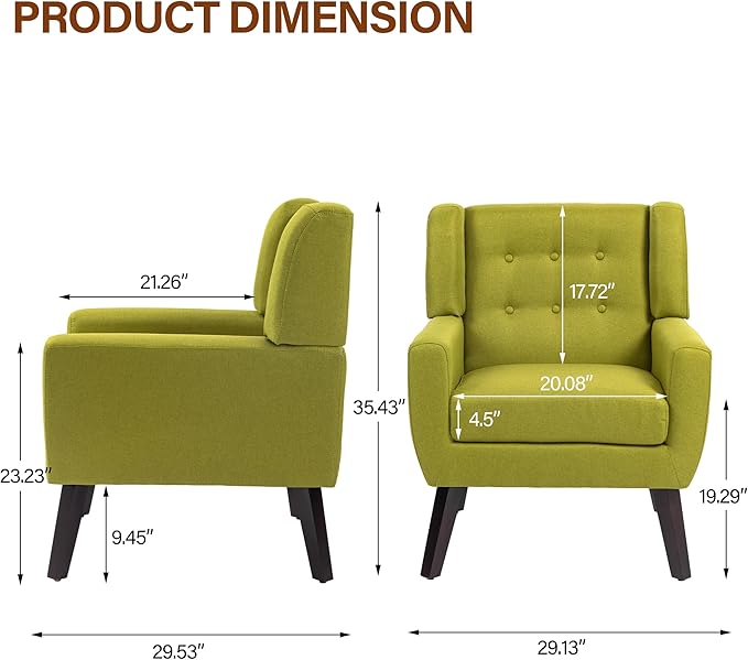 Accent Chairs Set of 2, Modern Fabric Armchairs for Living Room, Comfy Upholstered Arm Chairs Tufted for Indoor Bedroom Office Room (Green)
