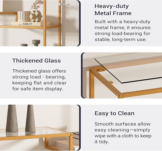 5-Tier Bookshelf, Tempered Glass Display Shelf, Modern Open Shelf Bookshelf, Tall Storage Open Bookcase for Living Room, Home Office, Bedroom, Golden