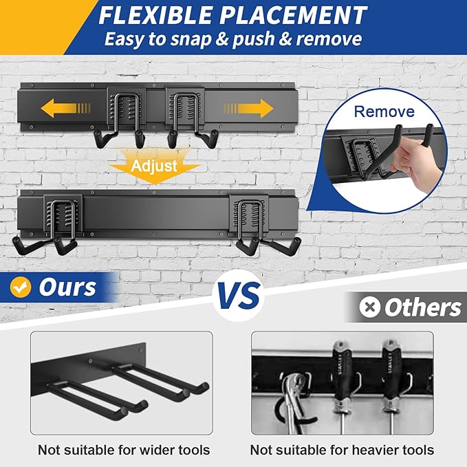 32 Inches Garage Storage, Garage Organization, Wall Mount Garden Tool Organizer, Max 300lbs Adjustable Metal Hooks, Yard Shed Hanging Rack, Heavy Duty Shelving for Rake Broom Mop Snowboard