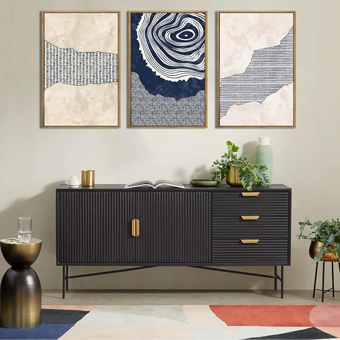 Anyzal Large Navy Blue Tree Rings Wall Art Framed Modern Abstract Neutral Paintings Artwork for Living Room Bedroom Office 16x24 Inch Set of 3