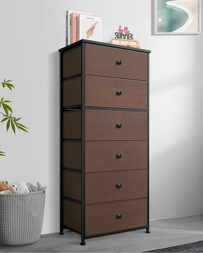Tall Fabric Dresser for Bedroom, Vertical Storage Organizer Tower with 6 Drawers, Chest of Drawers with Bins, Steel Frame, Wood Top for Bedroom, Closet, Entryway Brown