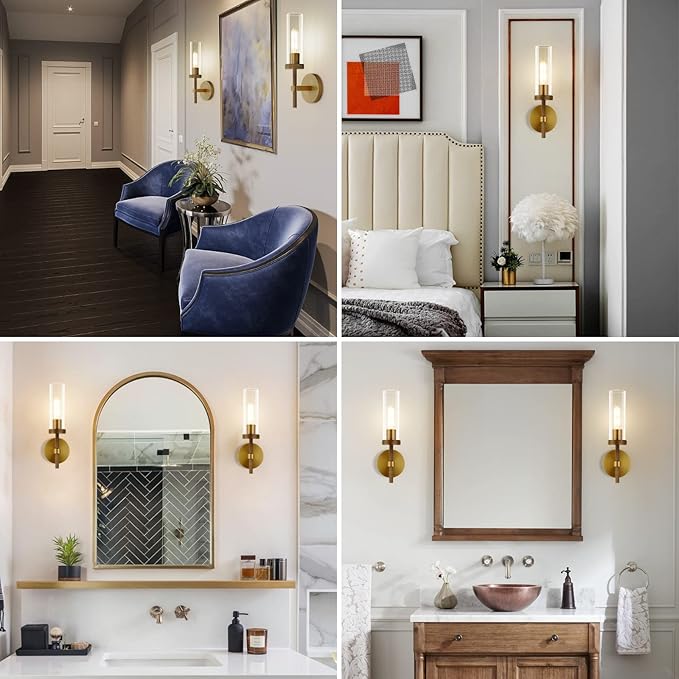 Knurled Wall Sconces Set of Two, Brass Wall Sconce Lights, 14" Gold Bathroom Wall Sconces, Glass Linear Sconce Wall Lighting, Vanity Lights Bathroom Light Fixture Wall Lights for Living Room