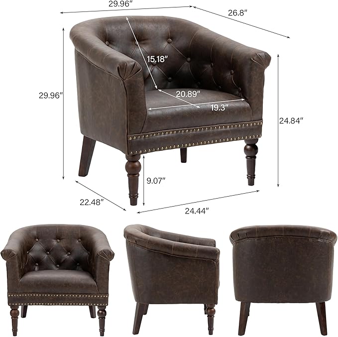 Accent Chair, Upholstered Faux Leather Barrel Chair with Nailed Trim, Comfy Club Armchair for Reading Living Room Bedroom Waiting Room (Chocolate, Set of 4)