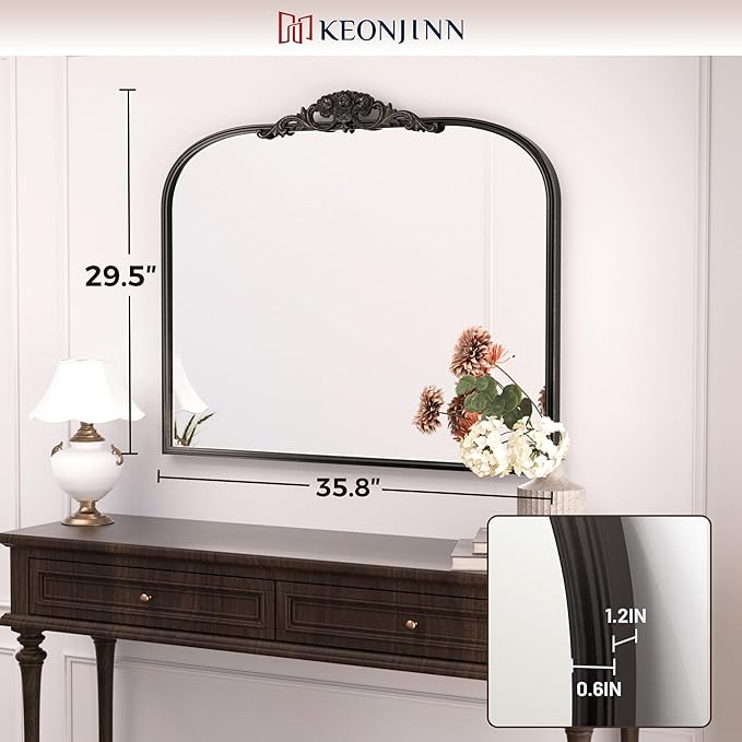 Keonjinn Vintage Mirror for Wall, 36" x 30" Black Antique Mirrors with Metal Frame, Baroque Style Decoration for Mantle, Bathroom, Living Room, Fireplace, Bedroom, French Cleat Mounting