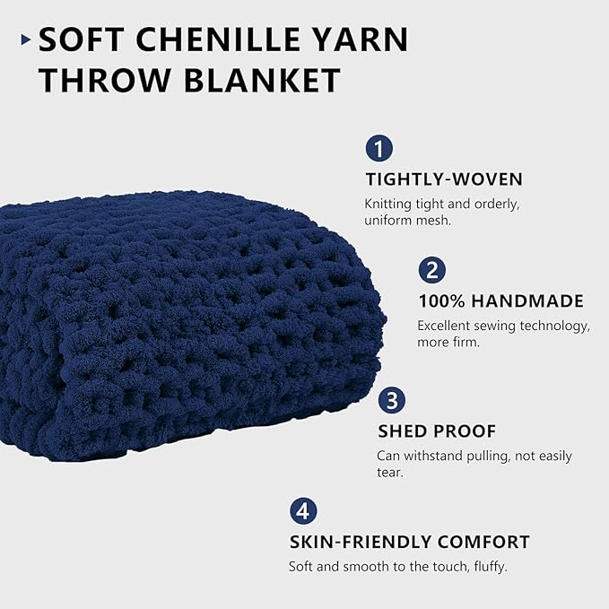 L'AGRATY Chunky Knit Blanket Throw - Soft Throw Blanket 60x80: 100% Hand Kintted Chenile Crochet Throw Blanket for Couch - Large Cable Knit Blanket for Home Decor(Dark Blue)