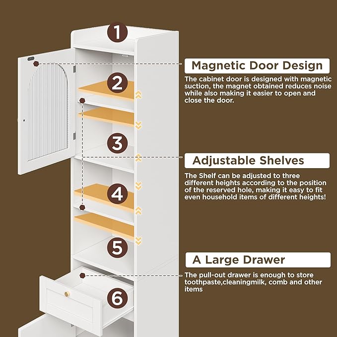Tall Bathroom Storage Cabinet with 1 Drawer and 2 Doors - Modern Bath Organizer, Slim Freestanding Storage for Bathroom Essentials (11.8 Inches Wide), White