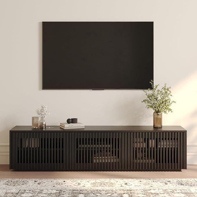 POVISON Full Assembled Mid Century Modern TV Stand, Black Entertainment Center for 65 inch TV, Wood Slatted Media Console with Storage, Low TV Cabinets for Living Room Bedroom, Oak Veneer