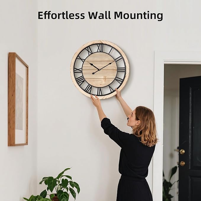 Maxstar 20'' Wall Clock for Living Room Decor, Ultra-Silent Rustic Wooden Farmhouse Wall Clock with Metal & Real Wood Frame, Battery Operated, for Kitchen Bedroom Office, Roman Numerals