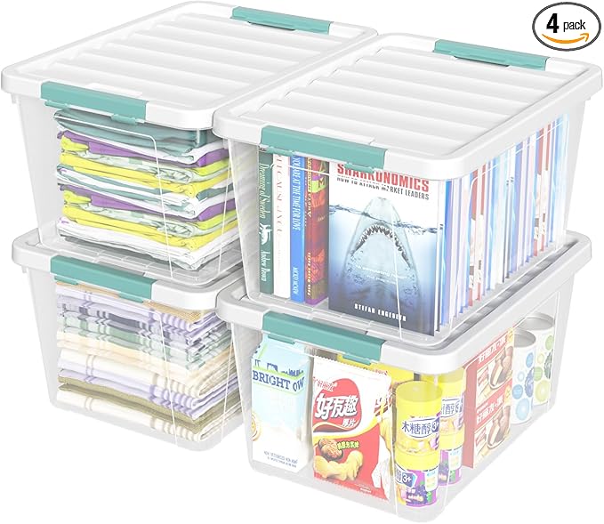 Readsky 36 Quart Plastic Clear Storage Bins with Lids, Large Latch Boxes, 4-Pack