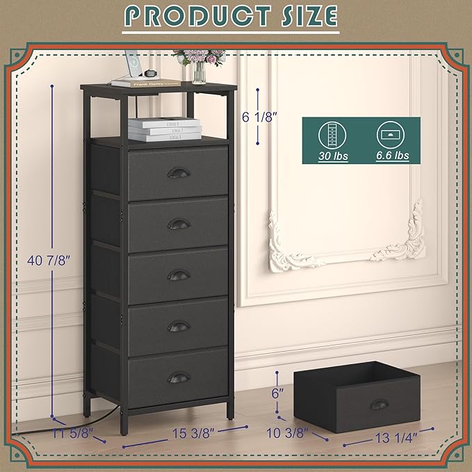 Nightstand with Charging Station,LED Black Nightstands with 5 Fabric Drawers PU Finish, Bedside End Tables, 2-Tier Open Storage Shelf Side Table Nightstand with Drawers for Bedroom, Black