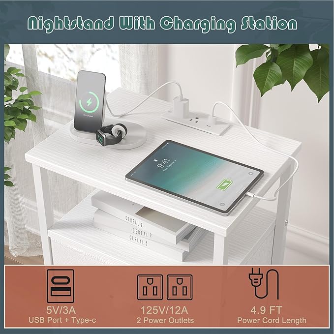 Nightstand with Charging Station,LED White Nightstand with 3 Fabric Drawers PU Finish, Bedside End Tables, 2-Tier Open Storage Shelf Side Table Nightstand with Drawers for Bedroom,White