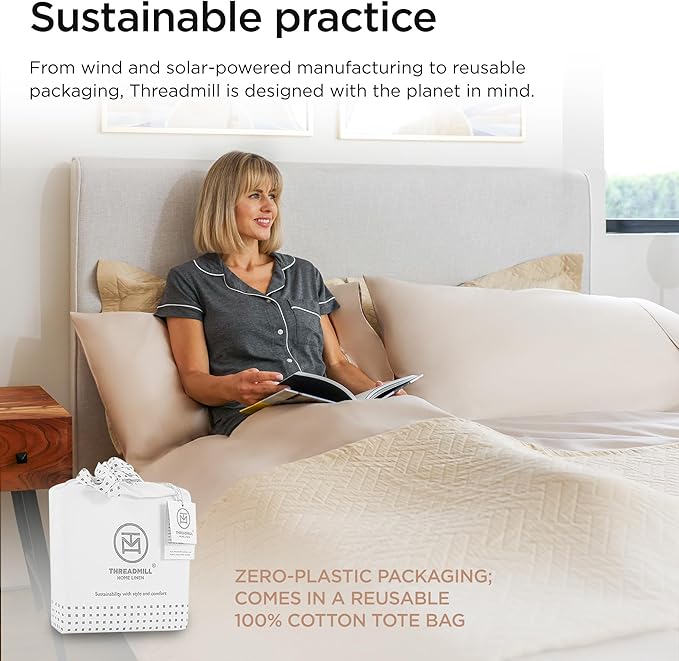 Threadmill 100% Cotton Sheets for Full Size Bed - 600 Thread Count Full Bed Sheets Set with 16” Deep Pocket - Sateen Weave 4-Piece Bedding Set with Cooling Effect, Beige