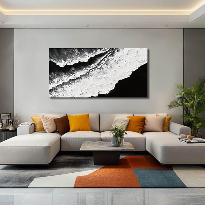 NBAODAN Abstract Wall Art Modern Artwork White Canvas Pictures Large Painting Textured Art 29"x58" Black Office Wall Decor Home Decorations for Living Room