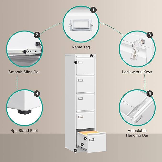 SISESOL 5 Drawer File Cabinet with Lock,Tall Vertical File Cabinet Five Drawer,15" Narrow Office Filing Cabinets,White Metal File Cabinets for Home Office,Fit A4,Legal,Letter Size,-Assembly Required