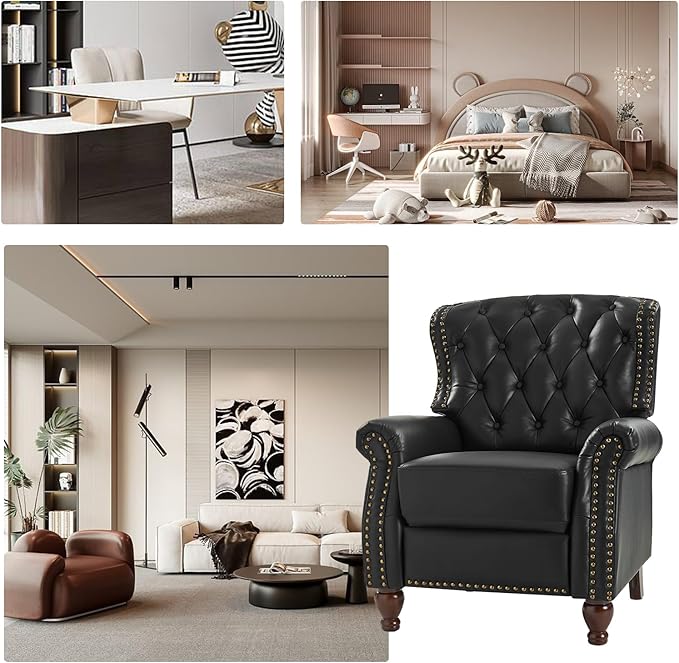 HULALA HOME Genuine Leather Recliner Chair Set of 2 w/Solid Wood Feet, Modern Adjustable Tufted Push Back Arm Chair w/Rivet Decoration, Home Theater Seating Reclining Sofa for Living Room, Black