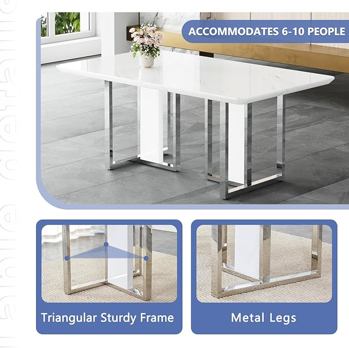 JUFU Dining Table Set for 6, 67'' Table and Chairs Set of 6 with Faux Marble Tabletop and Sturdy Leg, White Rectangle Dining Room Table Set for 6 with PU Chairs, Perfect for Dining Room and Kitchen