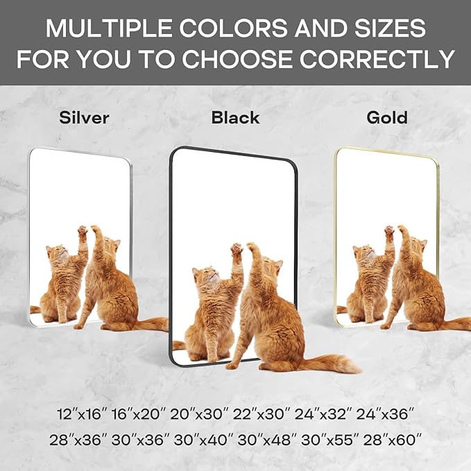 Silver Metal Framed Bathroom Mirror for Wall, Brushed Nickel Rounded Corner Rectangular Bathroom Vanity Mirror, Anti-Rust, Tempered Glass (30" x 36", Silver)