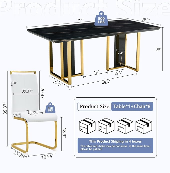 JUFU Dining Table Set for 8, 79'' Kitchen Table Chairs Set with Glossy Faux Mareble Table Top, Black Rectangle Dining Room Table Set for 8, 9 Piece Kitchen Table and Chairs Set for Kitcken Dining Room