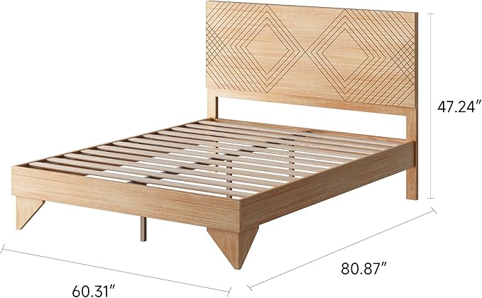 MUSEHOMEINC Solid Wood Platform Bed Frame, Queen Size Bed Frame with Line Diamond Pattern Headboard, No Box Spring Needed, Modern Minimalist Wooden Bedframe, Easy Assembly (Queen)
