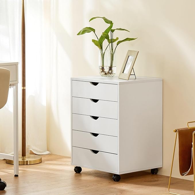 5 Drawer Chest, Storage Cabinets Wooden Mobile Cabinet with Wheels Room Organizer, Small Drawers Wood Organization Furniture for Office, Home, White
