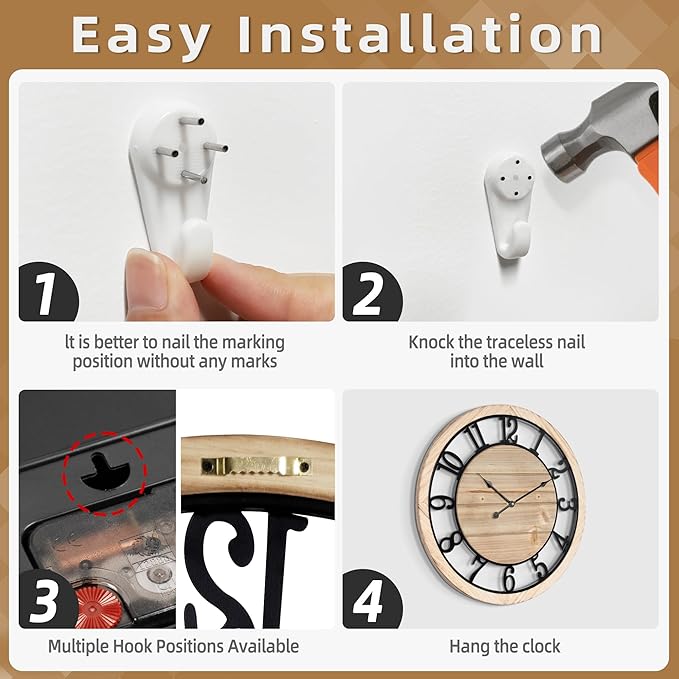 LEIKE 20 Inch Large Wall Clock - Rustic Wooden Silent Non-Ticking Wall Clock with Black Metal Frame, Vintage Farmhouse Decorative for Living Room, Bedroom, Kitchen - Arabic Numerals, Modern Design