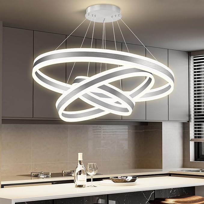 3 Ring D31.5 Modern LED Chandelier, Flush Mount Ceiling Lighting for Living Room, Adjustable Height Pendant Light for Staircase Foyer Dining Room Entryway Sliver