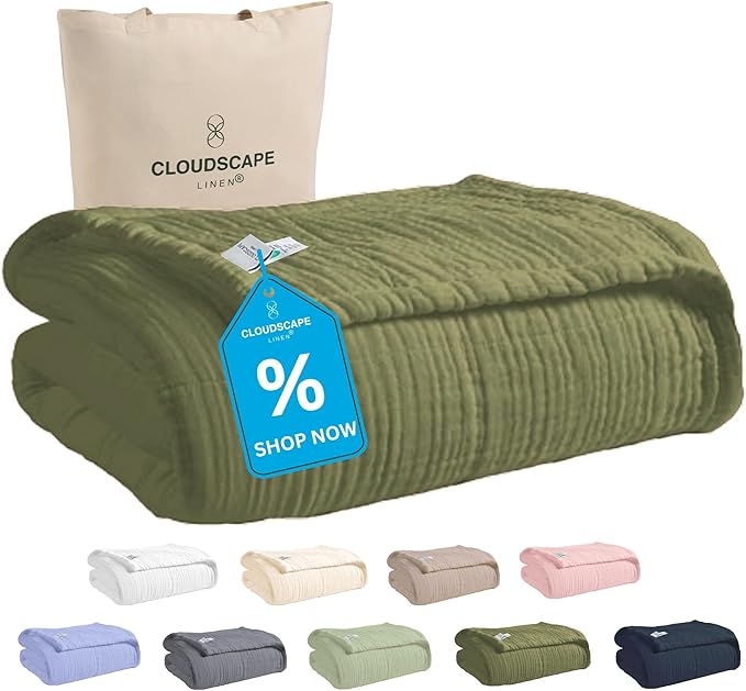 Cloud Scape Linen 100% 8-Layer Cotton Muslin Blanket Queen Size,Lightweight All Season Blanket for Bed, Oversized Cotton Blankets, fits Full Size Bed, 92x92, Olive Green
