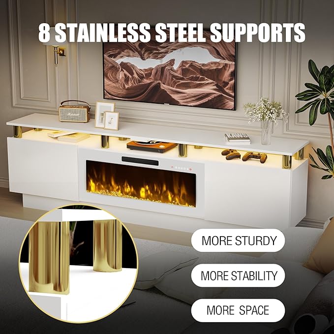 80" Modern Fireplace TV Stand with 36" Electric Fireplace for TVs Up to 90 inch, Luxury LED Light Entertainment Center with High Gloss Cabinet, White + Silver Posts with White Fireplace