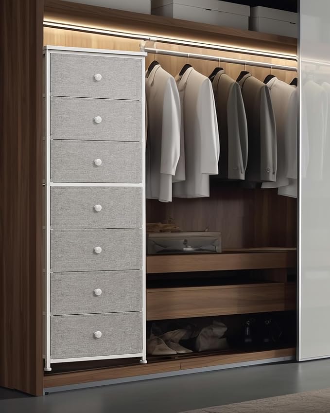 Tall Fabric Dresser for Bedroom, Vertical Storage Organizer Tower with 7 Drawers, Chest of Drawers with Bins, Steel Frame, Wood Top for Bedroom, Closet, Entryway Light Grey