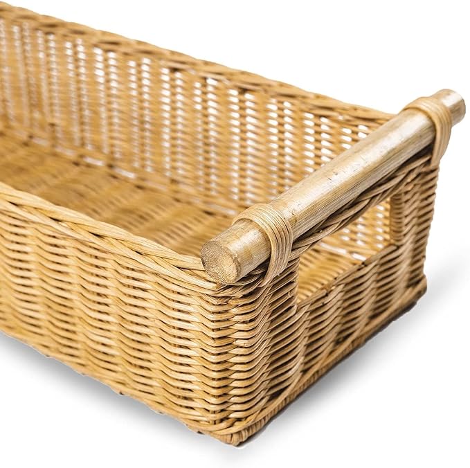 The Basket Lady Long Narrow Pole Handle Wicker Basket, Large, 21 in L x 8 in W x 6 in H, Sandstone