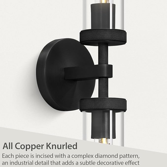 2-Light Black Knurled Wall Sconces, Glass Sconces Wall Lighting Indoor, Bathroom Vanity Light Sconces, Wall Lights for Living Room Bedroom Hallway Kitchen Bathroom Mirror, Including Bulb