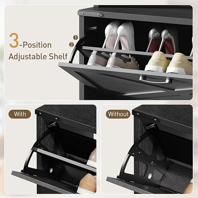 Farmhouse Tall Shoe Cabinet with Coat Rack, Narrow Hidden Shoe Storage Cabinet with 3 Flip Drawers, 2 in 1 Hall Tree with Hooks, Narrow Shoe Organizer for Entryway, Hallway, Black