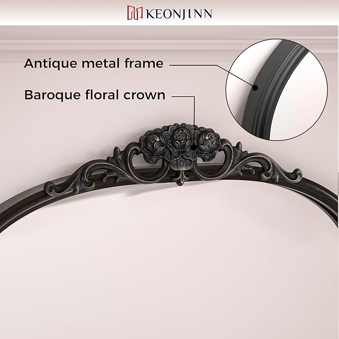 Keonjinn Vinatge Mirror 24" x 36", Black Wall Mirror Decorative, Antique Decor with Metal Frame, Baroque Arched Mirror for Mantle, Bathroom, Living Room, Hallway, Fireplace