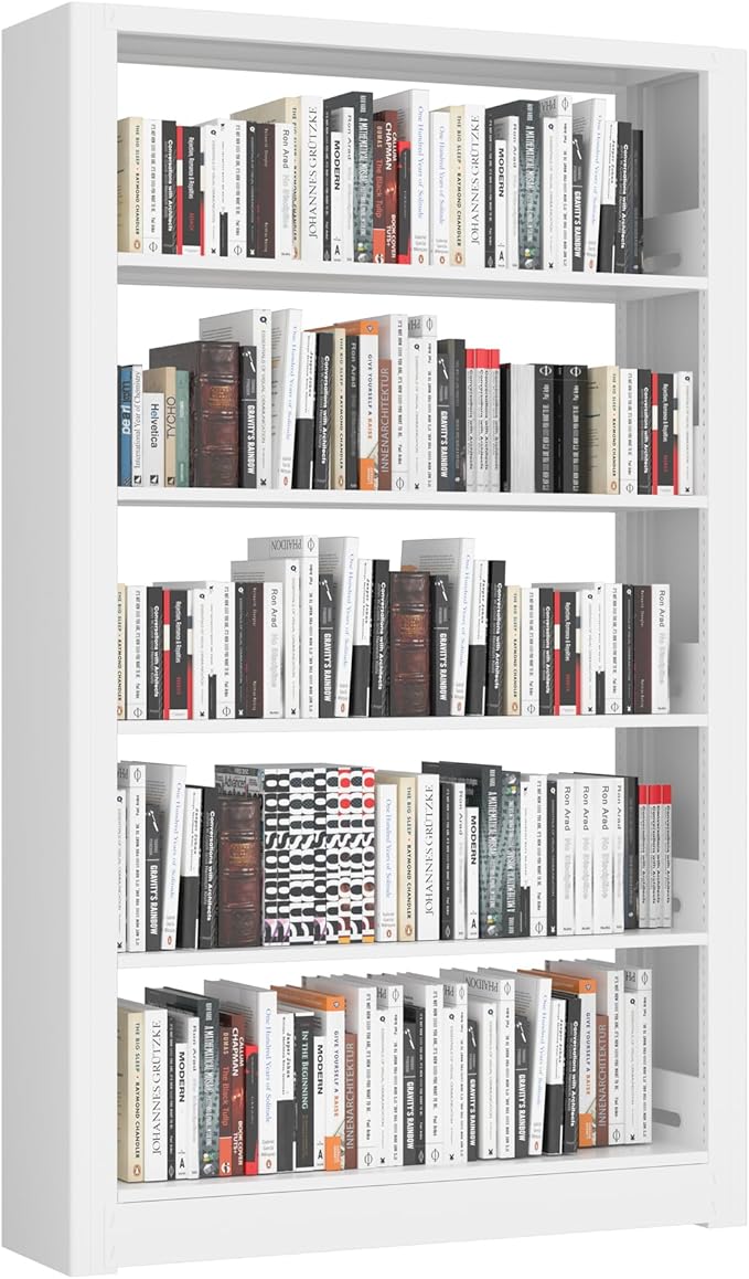5 Tier White Bookshelf, 68.9" Tall Bookcase with Adjustable Storage Shelves, Heavy Duty Metal Book Shelf Organizer for Living Room, Office, Library, Including Book Stoppers