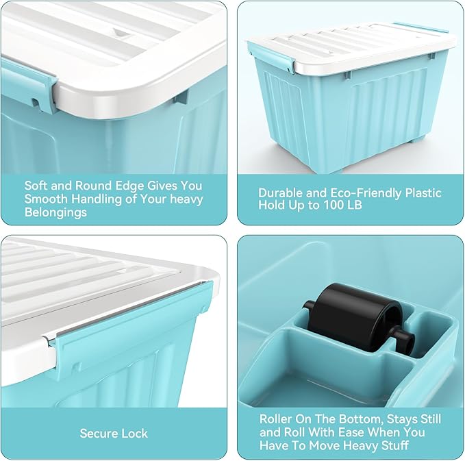 Nazhura 72 Quart Plastic Storage Bin, Stackable and Nestable Storage Boxes with Lids and Secure Latching Buckles, Large Storage Container (Blue, 72Quart-4Pack)