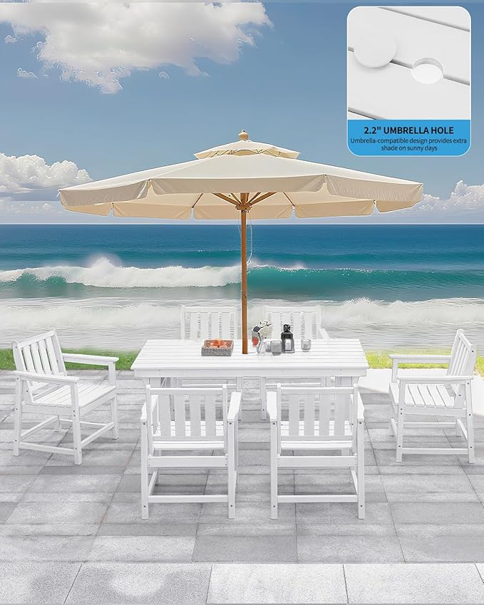 QUASCO Outdoor HDPE Dining Table Set, 7-Piece Patio Dining Furniture Sets with Umbrella Hole Table and 6 Chairs for Backyard, Poolside, Garden and Lawn, White