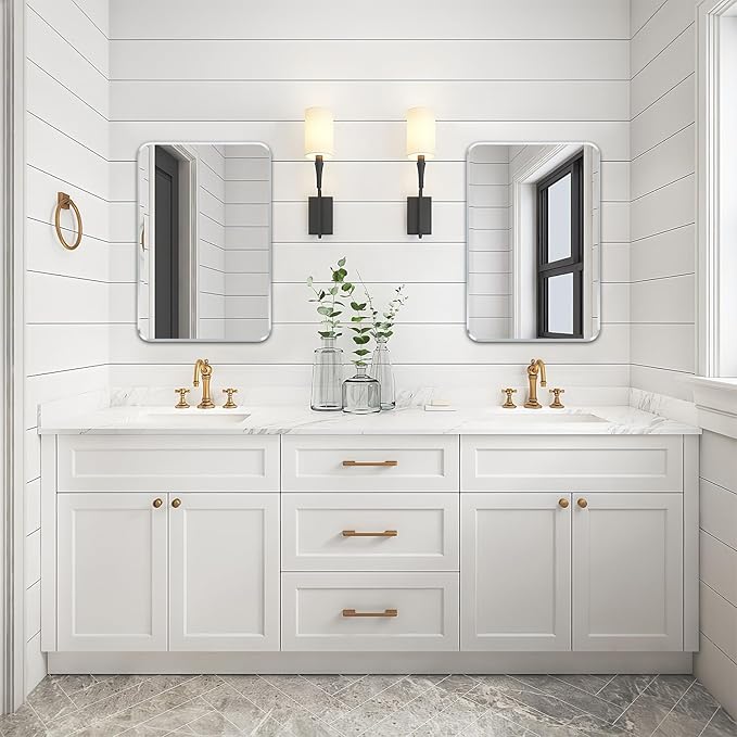 Wall Mount Mirror for Bathroom, Brushed Silver Metal Framed Rounded Corner Rectangular Vanity Mirror (18" x 24", Silver)