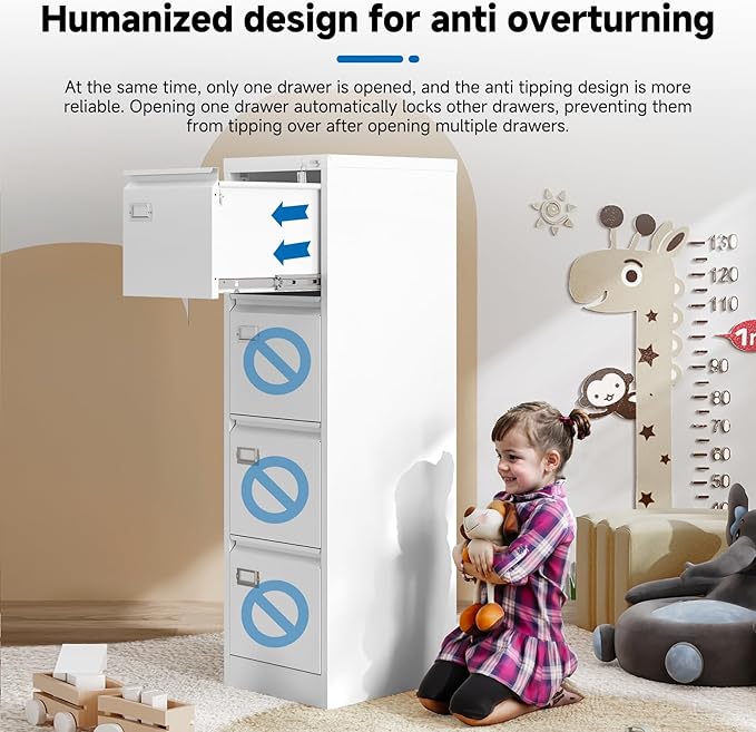 4 Drawer File Cabinet with Lock Metal Vertical File Storage Cabinet Office Home Steel Vertical File Cabinet for A4 Legal/Letter Size Narrow File Cabinet Locked,Assembly Required