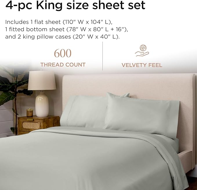 Threadmill 100% Cotton Sheets for King Size Bed - 600 Thread Count King Bed Sheets Set with 16” Deep Pocket - Sateen Weave 4-Piece Bedding Set with Cooling Effect, Light Grey