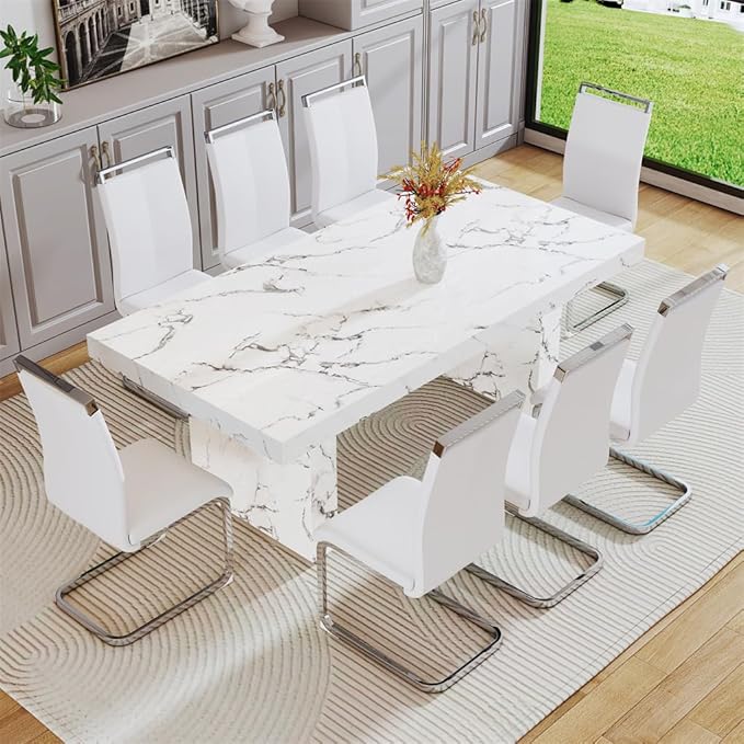 79'' Dining Table Set for 8, Dining Room Table Set for 8, 3.5'' Thick Faux Marble Table Top, MDF Table Legs, PU Ergonomic Dining Chair, for Dining Room